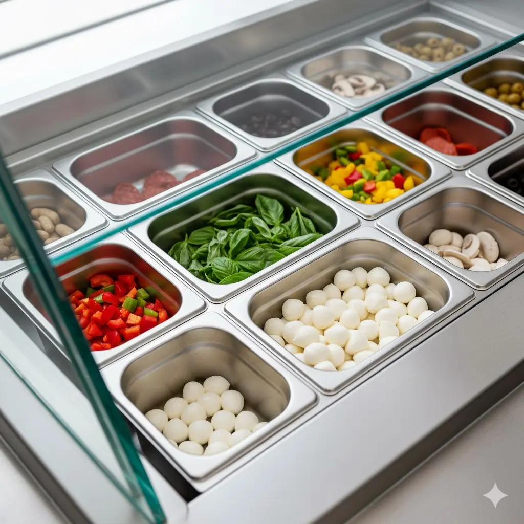 투명한 유리 아래 보관된 신선한 피자 토핑 재료들.