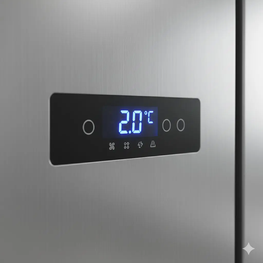 피자냉장고의 정밀한 온도 조절을 위한 디지털 제어 패널 상세 컷.