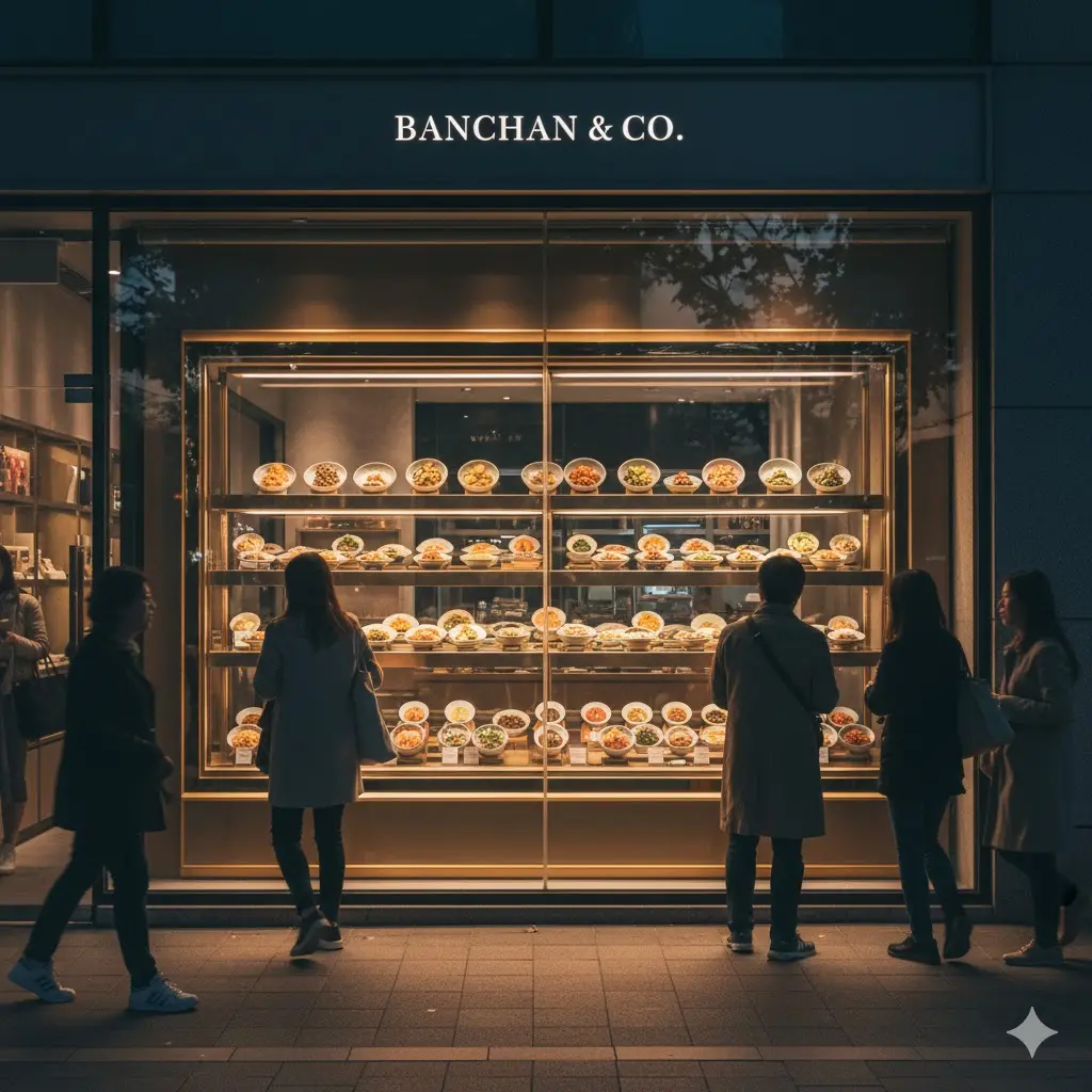 야간 반찬 전문점 외부, 환하게 빛나는 골드 쇼케이스.