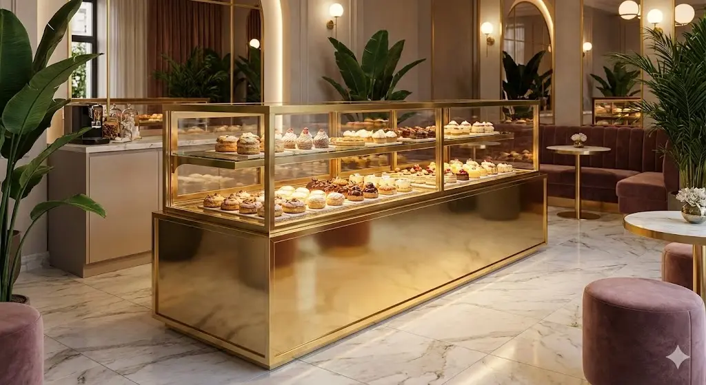 대리석 바닥과 럭셔리한 인테리어의 디저트 부티크 중앙에 화려하게 빛나는 대형 골드 프레임 진열장이 설치된 모습