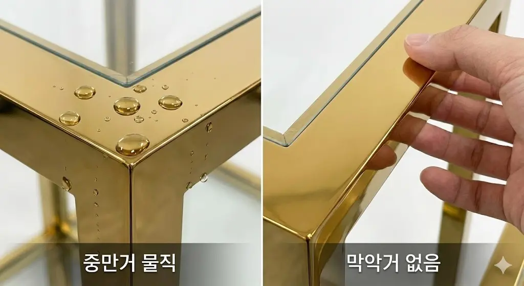 티타늄 코팅된 골드 표면 위로 물방울이 굴러가고 손가락으로 만져도 지문이 남지 않는 내오염성 및 발수 테스트 모습