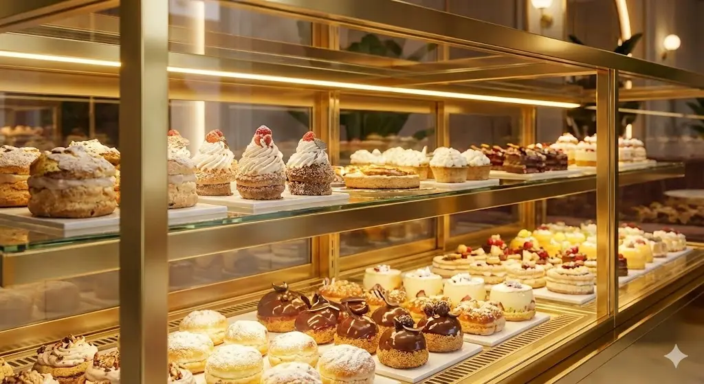 쇼케이스 내부의 따뜻한 LED 조명이 골드 프레임에 반사되어 진열된 디저트를 더욱 돋보이게 하는 클로즈업 사진