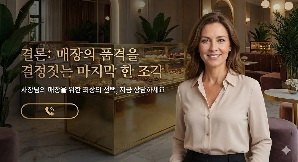 고급스러운 매장의 골드 쇼케이스 옆에 서 있는 전문적인 여성 사업가 모습과 상담 안내 문구가 담긴 배너 이미지