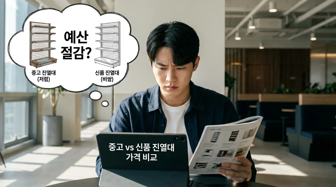 예산 절감을 고민하며 중고와 신품 진열대 사이에서 고민하는 창업자의 모습