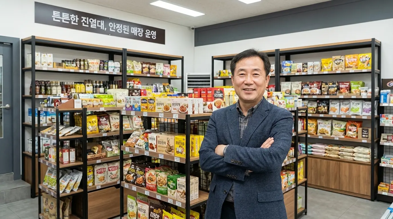 튼튼한 진열대 덕분에 매장 운영이 안정되어 웃고 있는 매장 점주