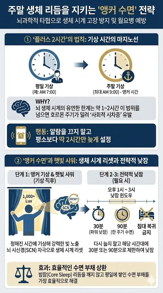 주말 생체 리듬 유지를 위한 앵커 수면 전략 모바일 인포그래픽. 상단에는 평일 기상 시간 대비 주말 기상 시간을 최대 2시간 이내(예: 오전 7시에서 9시)로 제한하는 '플러스 2시간의 법칙'을 시각화. 하단에는 오전 9시 기상 직후 창문을 열어 햇빛을 쐬고, 부족한 잠은 오후 1시에서 3시 사이에 30분 혹은 90분 단위의 낮잠으로 보충하는 구체적인 행동 루틴을 설명. 월요병 예방과 수면 부채 상환을 위한 뇌과학적 솔루션 도표