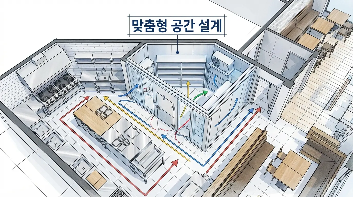 매장 구조에 맞춰 빈틈없이 설계된 워크인냉장고의 공간 최적화 사례