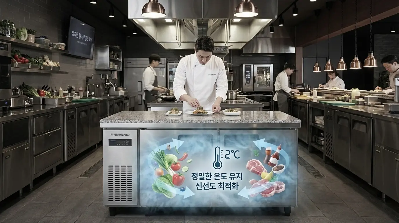 테이블 냉장고 내부의 냉기가 식재료를 신선하게 감싸고 있는 이미지