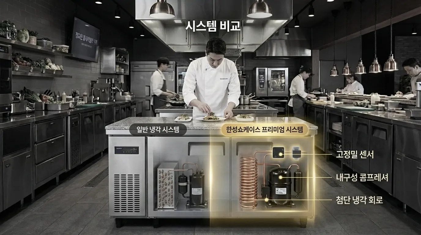 테이블 냉장고의 서로 다른 냉각 시스템을 비교하는 도식화된 이미지