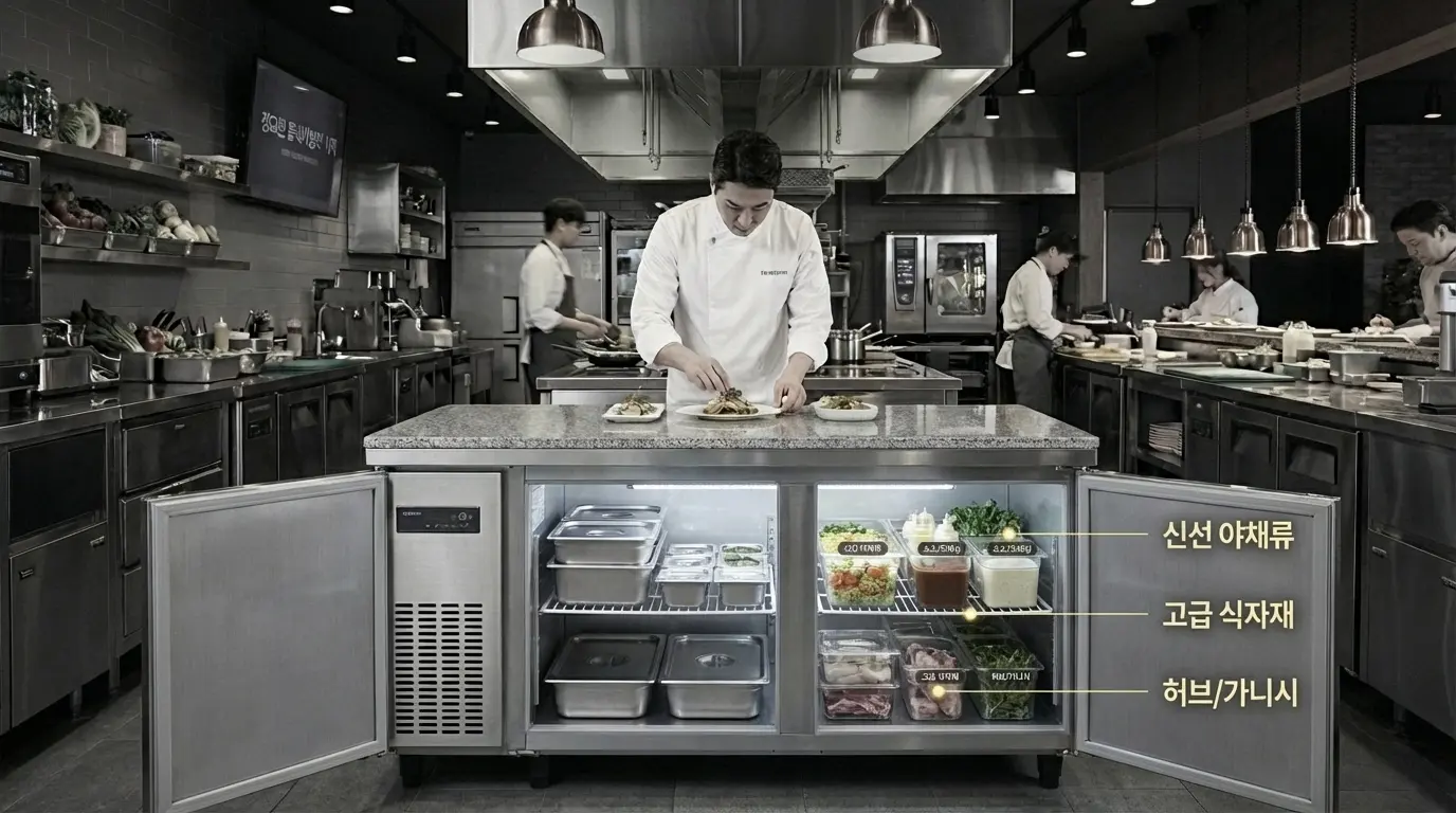 오픈된 테이블 냉장고의 내부가 내부가 아주 깔끔하고 체계적으로 정리되어 있는 모습
