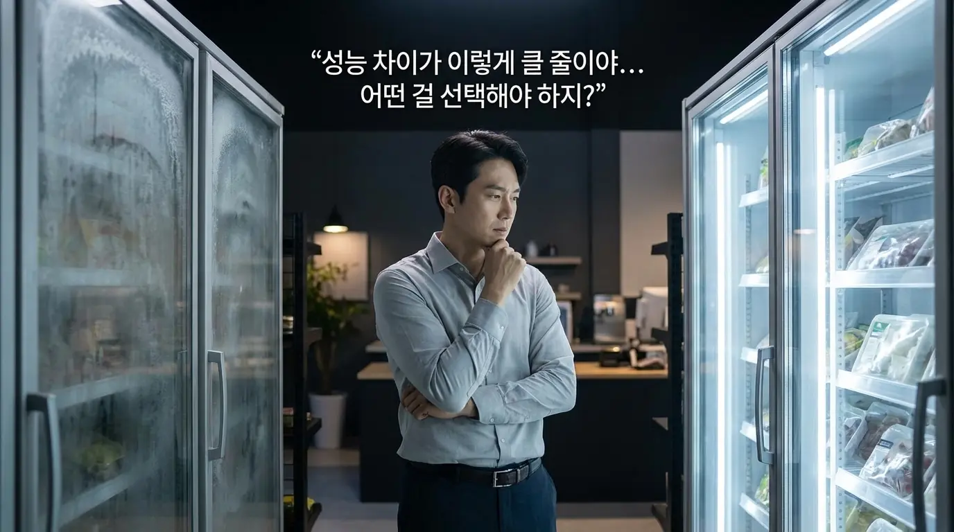 쇼케이스 냉동고의 성능 차이를 고민하는 점주님의 모습