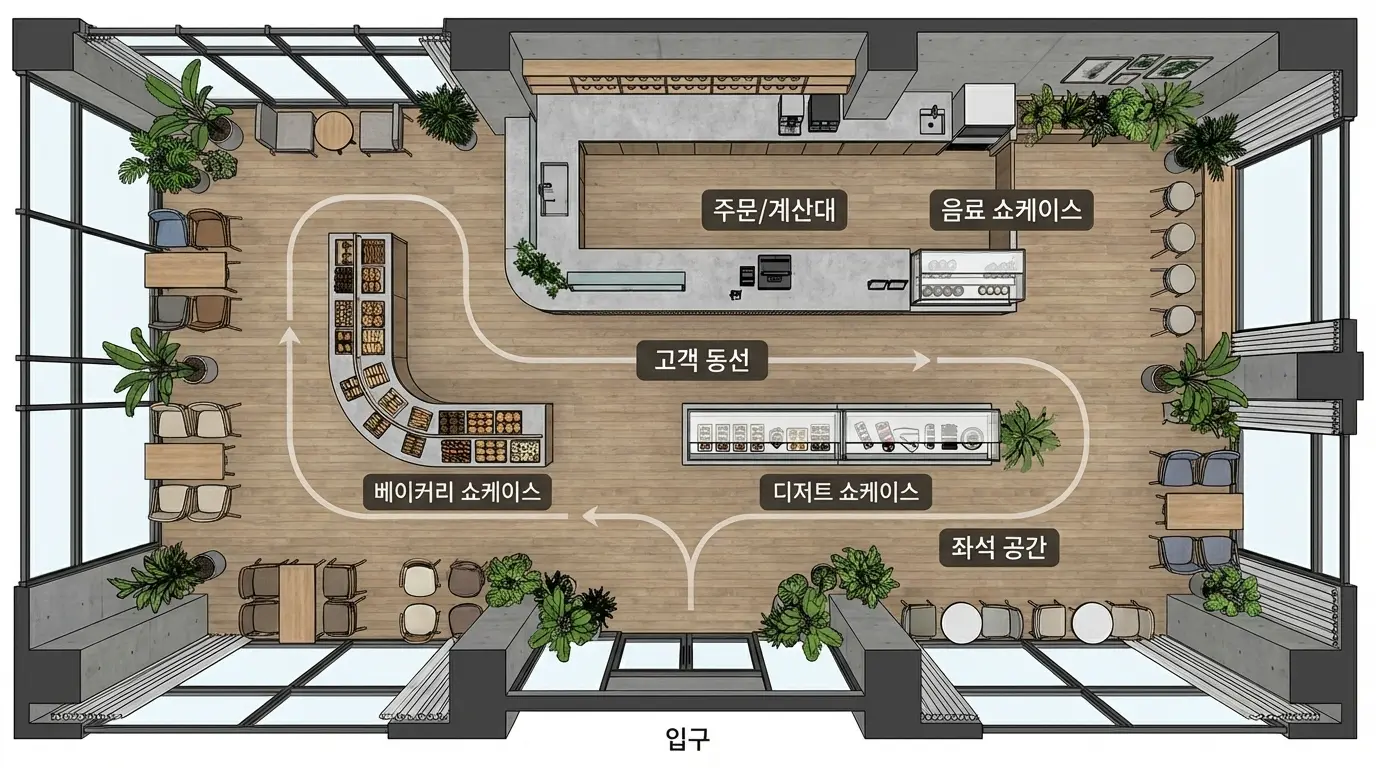 고객 동선과 매출 향상을 고려한 효율적인 쇼케이스 배치 예시