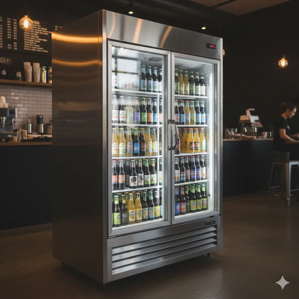 업소 매장에 설치된 메탈 냉장고 쇼케이스 전체 전경 이미지