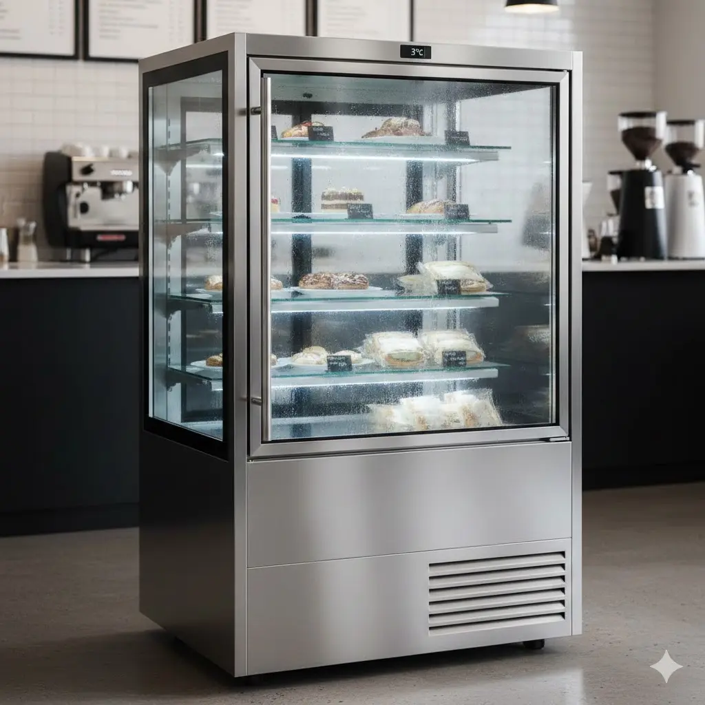 메탈 냉장고 업소용 쇼케이스 내부 선반 구성과 냉각 균일성 표현 이미지