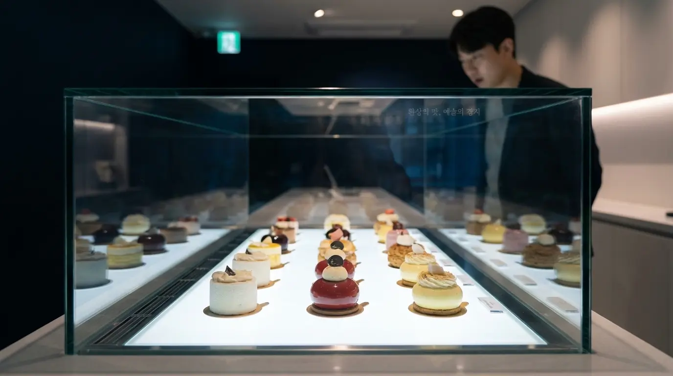 프레임이 없는 고급 쇼케이스 안에 디저트가 마치 공중에 떠 있는 것처럼 진열된 모습