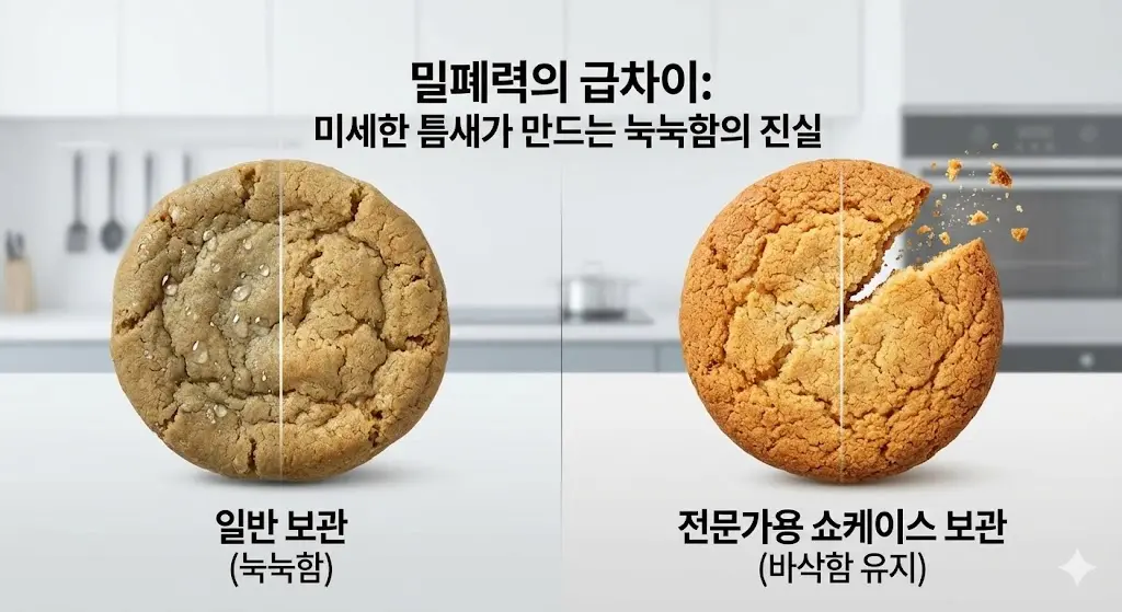 쇼케이스의 밀폐력 차이가 쿠키의 식감에 어떤 영향을 미치는지 극명하게 보여주는 이미지입니다.