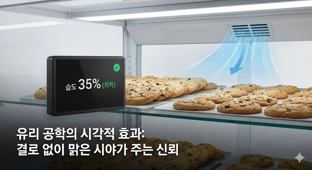 정밀한 습도 제어 기술이 어떻게 쇼케이스 내부의 결로를 방지하고 고객에게 맑고 깨끗한 시야를 제공하여 신뢰를 높이는지 보여주는 이미지입니다.