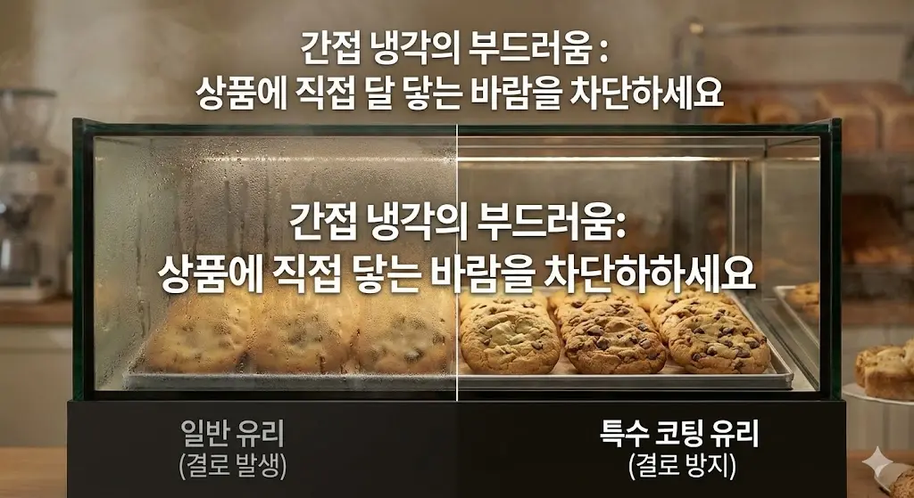 쿠키에 찬 바람이 직접 닿아 건조해지는 것을 막는 간접 냉각 방식의 중요성을 설명하는 이미지입니다.