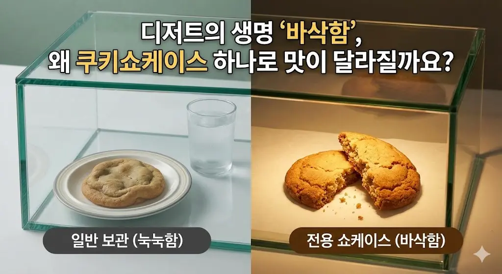 일반 보관 시 눅눅해진 쿠키와 전문가용 쇼케이스에서 바삭함을 유지한 쿠키를 비교하였습니다.