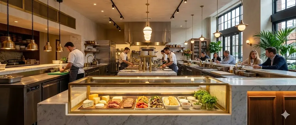 오픈 키친의 중심이 되는 골드 프레임 맞춤형 햄버거냉장고