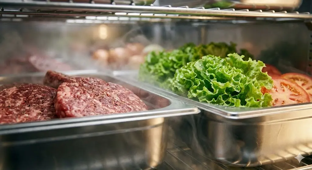 STS 304 소재와 신선한 식재료의 조화를 극적으로 보여줍니다. 블로그 중간에 삽입하여 '왜 프리미엄 냉장고인가'에 대한 시각적 근거를 제공합니다.