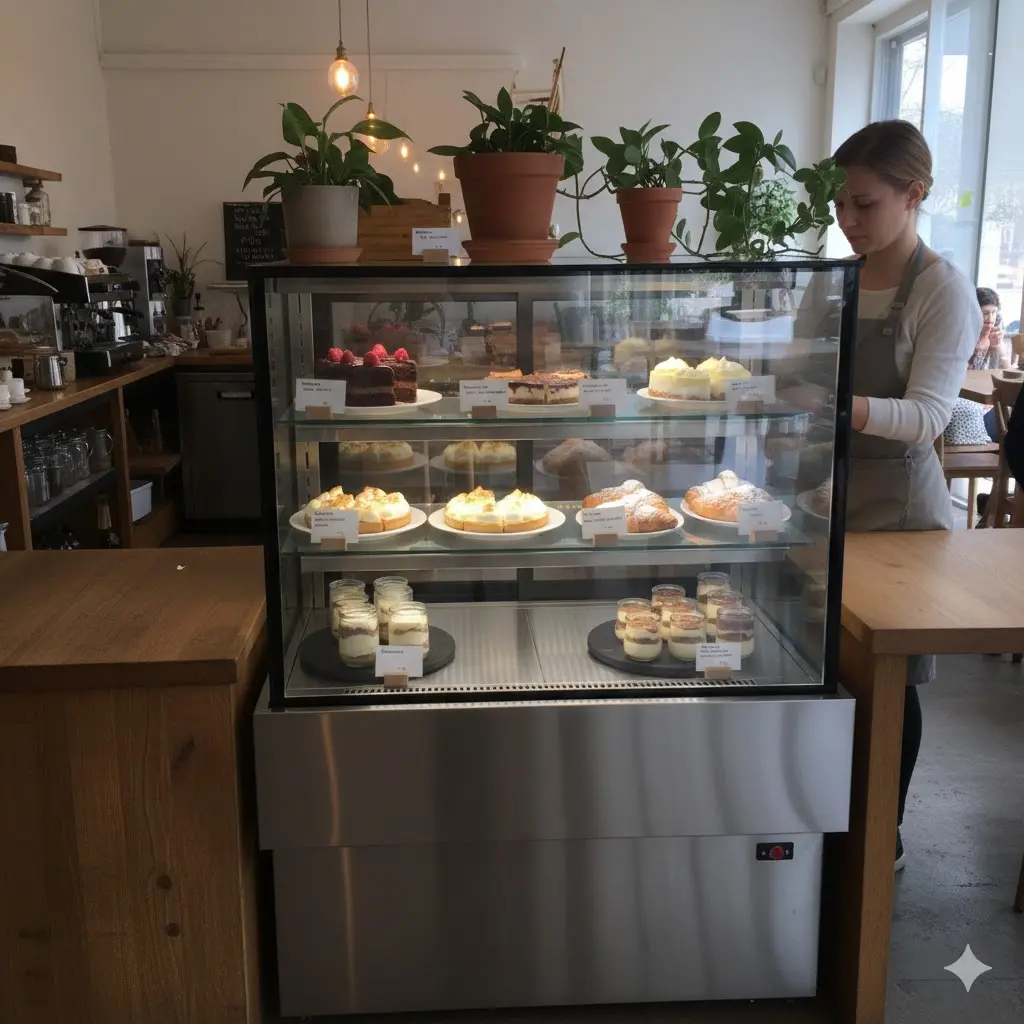 효율적인 동선과 디스플레이를 고려해 설치된 카운터 옆 카페 진열장 및 매장 냉장고 전경