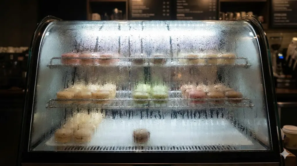 심각한 결로 현상으로 유리가 뿌옇게 흐려진 일반 마카롱 쇼케이스