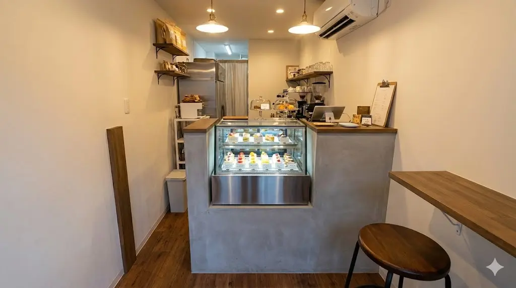 좁은 카페 공간에 완벽하게 설치되어 공간 활용도를 높인 프리미엄 미니 쇼케이스