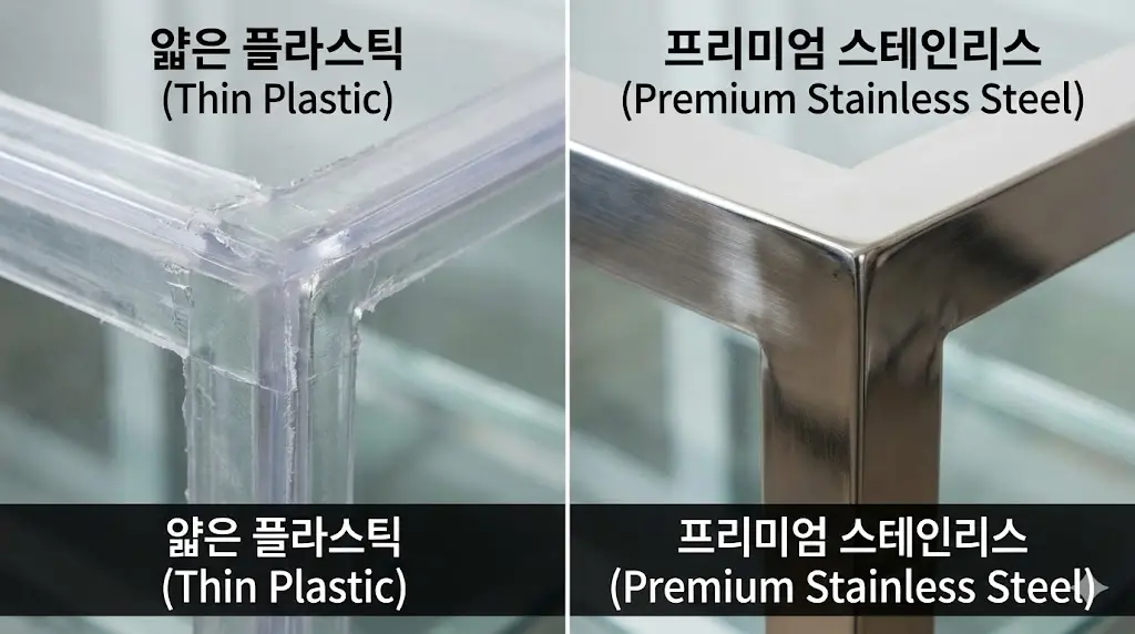 쇼케이스 프레임 소재 비교 이미지: 얇고 조잡한 플라스틱 vs 프리미엄 스테인리스 마감