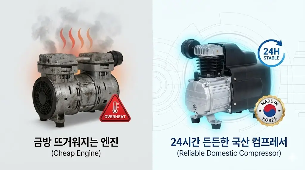과열되는 저가형 컴프레서와 24시간 안정적인 국산 컴프레서 성능 비교 비주얼