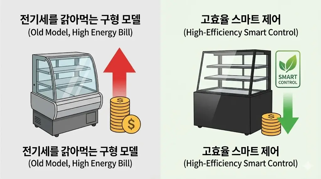 전기세를 갉아먹는 구형 모델과 에너지 절약형 고효율 스마트 제어 모델 비교 인포그래픽