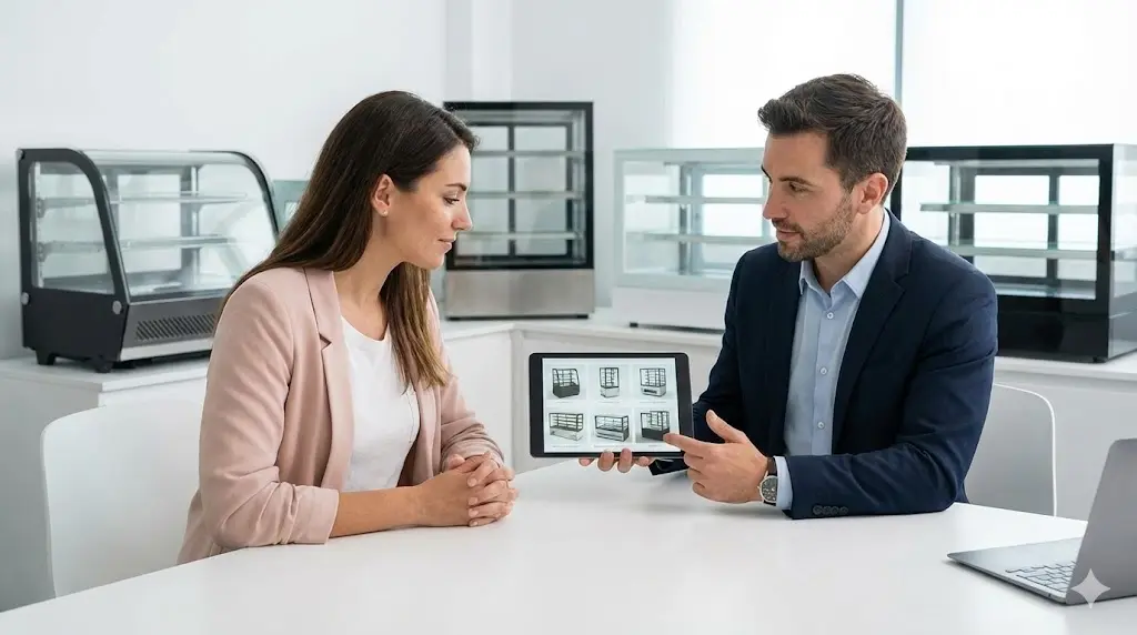 전문 컨설턴트와 태블릿으로 미니 쇼케이스 맞춤 상담을 진행하는 사장님