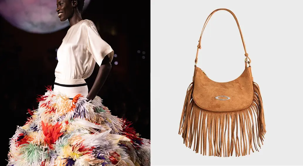 샤넬 2026 런웨이에서 선보인 프린지 스커트와, 노이아고의 태슬 장식 숄더백