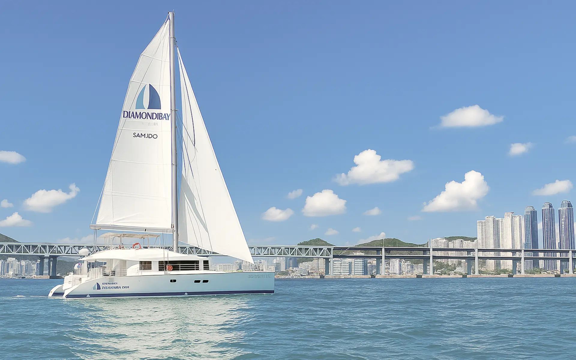 A bright, wide-angle landscape shot of a large white catamaran sailing on the calm, turquoise waters of Busan. The yacht features prominent white sails, with the "DIAMONDBAY" logo and "SAMJO" text clearly visible on the main sail.  In the background, the expansive Gwangan Bridge stretches across the horizon, connecting to a modern city skyline filled with high-rise glass skyscrapers. The sky is a vibrant blue with scattered, fluffy white clouds, creating a serene and luxurious atmosphere for a coastal tour.