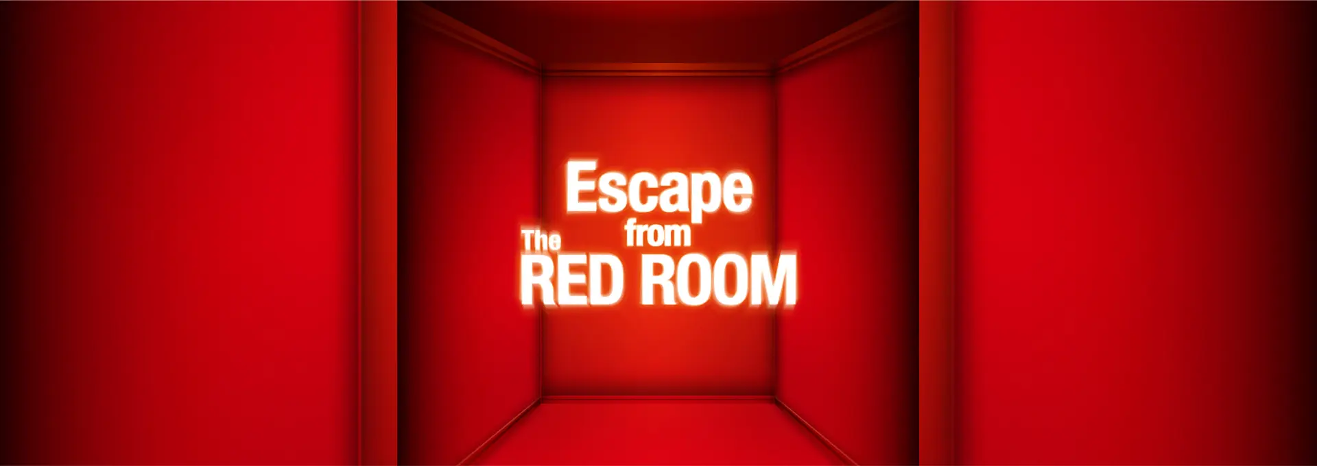 A promotional banner for the DIAegg Escape Room in Seomyeon, Busan, featuring a minimalist and intense design. The image displays a narrow, three-walled room completely saturated in a vibrant, deep red color.  In the center of the back wall, the words "Escape from The RED ROOM" are written in bold, glowing white text. The perspective creates a sense of being enclosed within the space, emphasizing the theme of an escape room challenge. The lighting is focused on the central text, causing the corners of the red room to fade into darker shadows, adding to the mysterious and suspenseful atmosphere.