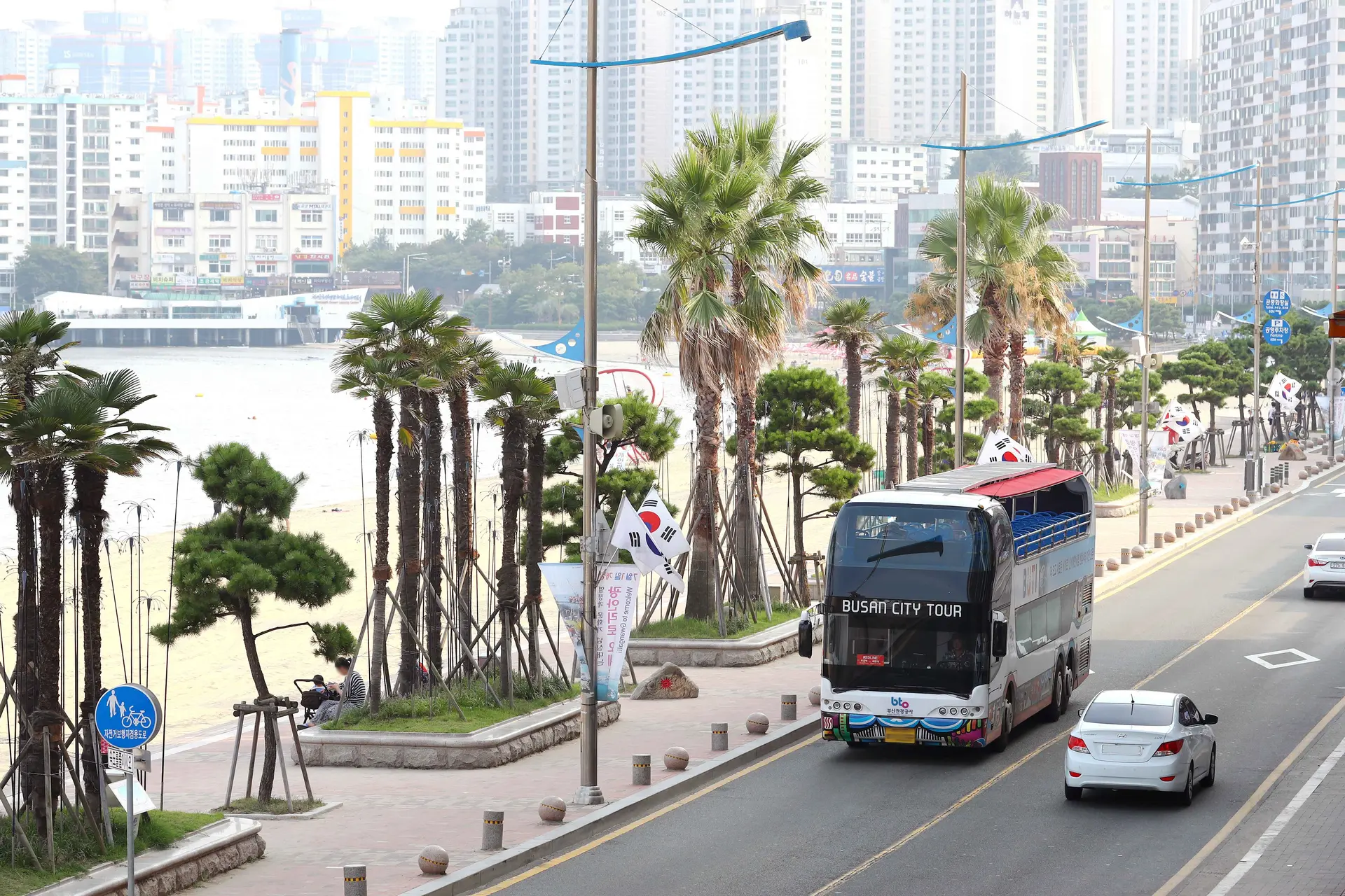 A high-angle, eye-level shot of a Busan City Tour double-decker bus traveling along a coastal road. The bus is white with colorful graffiti-style graphics on its lower half and "BUSAN CITY TOUR" written in bold letters across the front. The top deck is open-air with red and blue seating, partially covered by a red awning.  The road is lined with a wide pedestrian sidewalk featuring tall palm trees and manicured pine trees, with several South Korean flags (Taegeukgi) attached to the lampposts. To the left, a sandy beach meets the calm sea, where a few people can be seen relaxing. In the background, a dense urban landscape of white and beige apartment buildings and hotels rises under a slightly hazy, bright sky. The scene captures a classic, sunny day of sightseeing in a coastal metropolitan area.