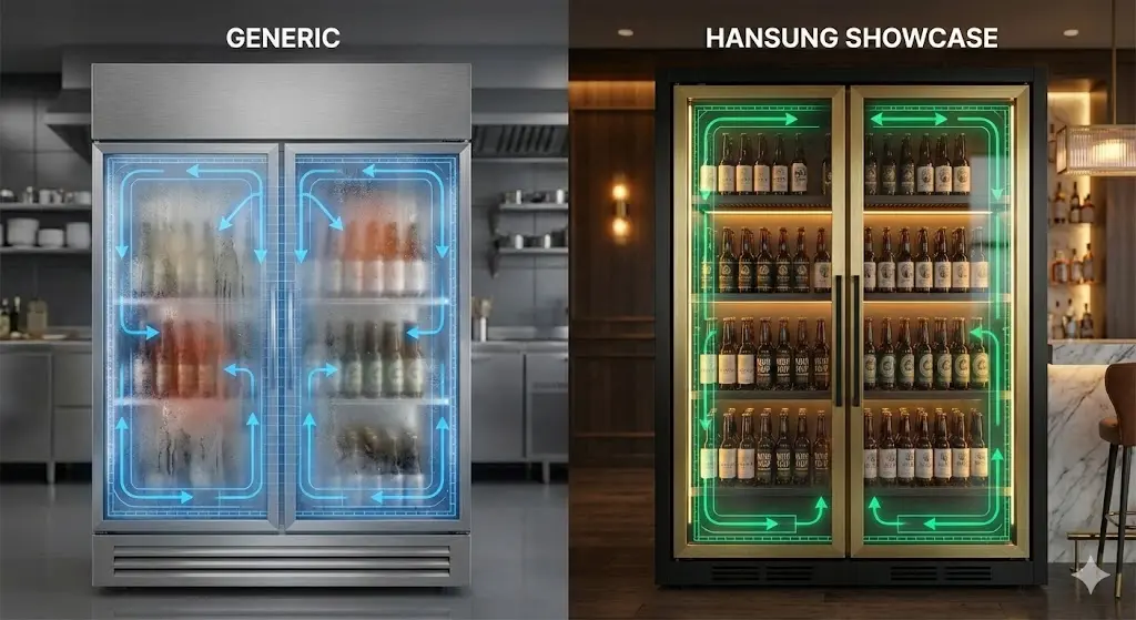 일반 냉장고와 프리미엄 맥주냉장고의 투명도 비교 인포그래픽 스타일 이미지