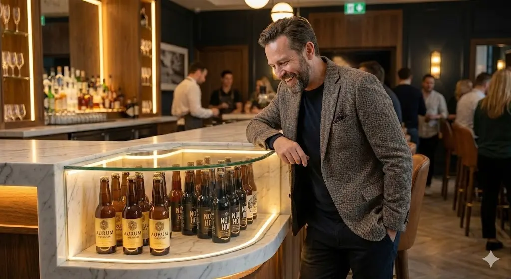 매장에 설치된 프리미엄 맥주냉장고를 보고 만족하는 창업자