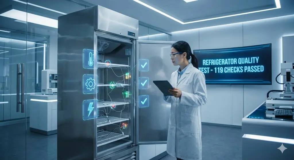 하이테크 연구소에서 태블릿으로 프리미엄 맥주냉장고의 119가지 품질 항목을 점검 중인 한국인 여성 엔지니어