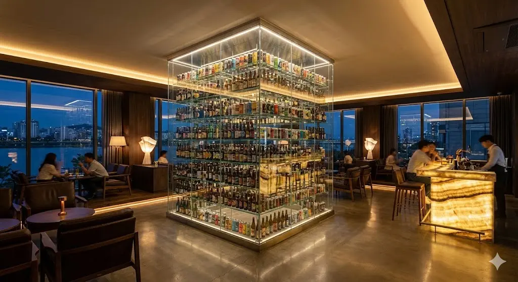 고급 바 인테리어의 중심이 되는 대형 업소용냉장고 전시 전경