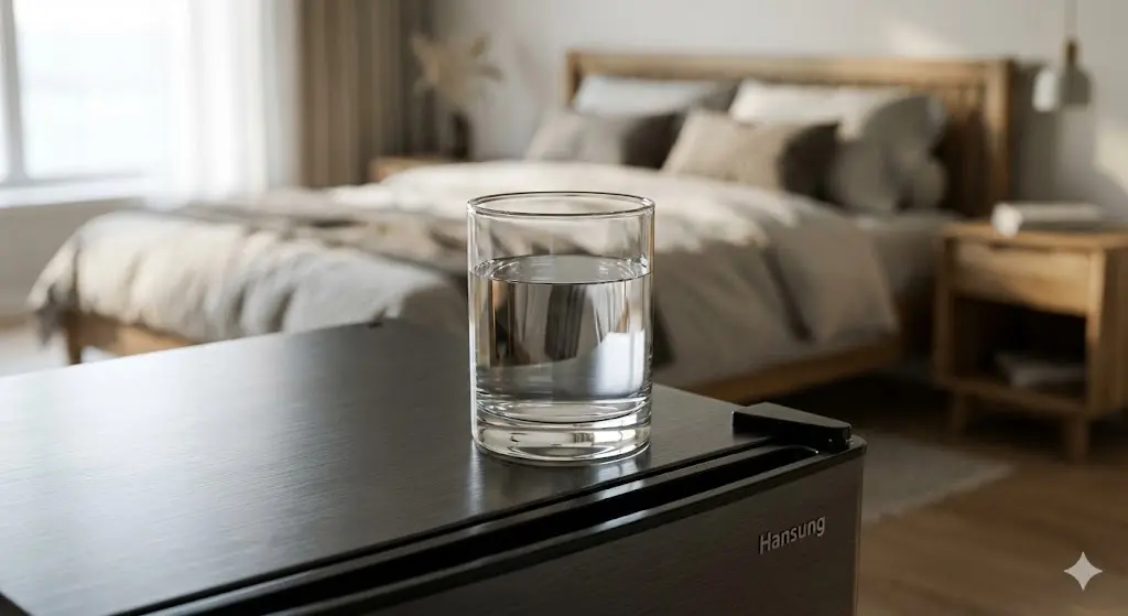 무소음 미니바냉장고 위의 흔들림 없는 물잔 사진