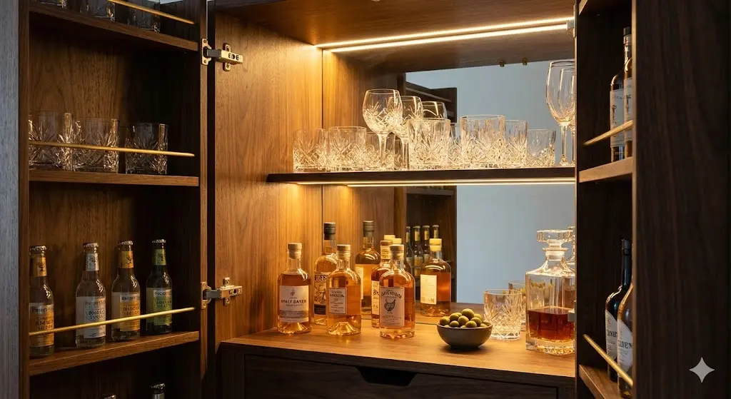 내부 조명이 세련되게 비치는 프리미엄 미니바냉장고 내부