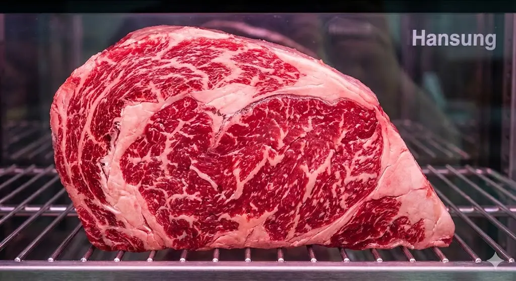 정육 전용 조명 아래에서 선명한 빛깔을 띠는 고품질 소고기 근접샷