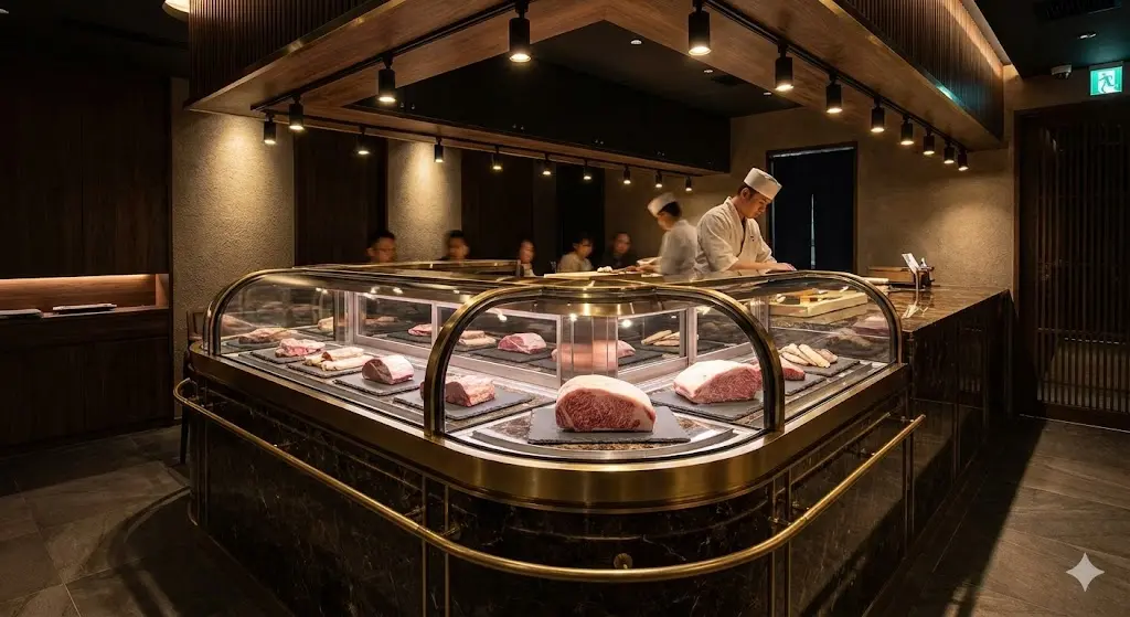 고급 레스토랑 인테리어와 조화를 이루는 커스텀 고기쇼케이스