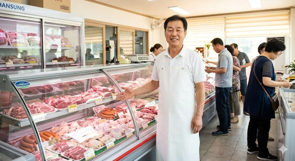 프리미엄 고기쇼케이스 앞에서 만족해하는 정육점 창업자