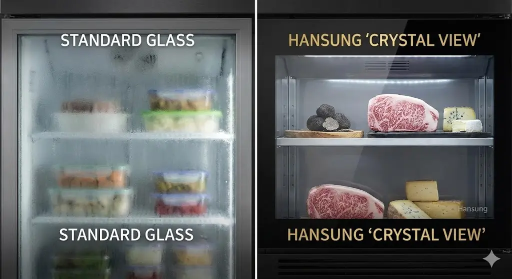 결로가 있는 일반 냉장고와 선명한 하이엔드 식당냉장고 유리 비교