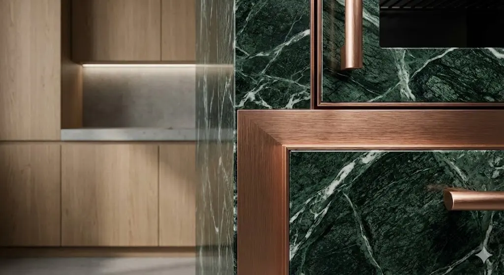 대리석과 구리 소재로 커스텀 제작된 프리미엄 식당냉장고 디테일