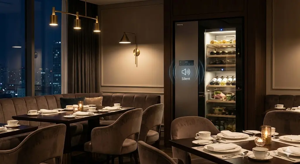 고급스러운 식당 홀에 설치된 저소음 프리미엄 식당냉장고