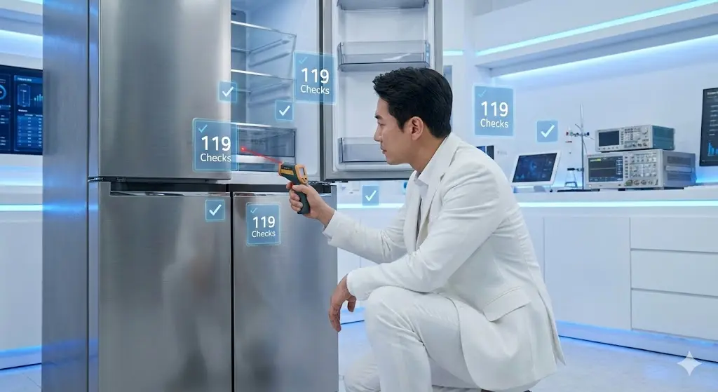 하이테크 연구소에서 식당냉장고 품질을 점검 중인 한국인 기술 전문가