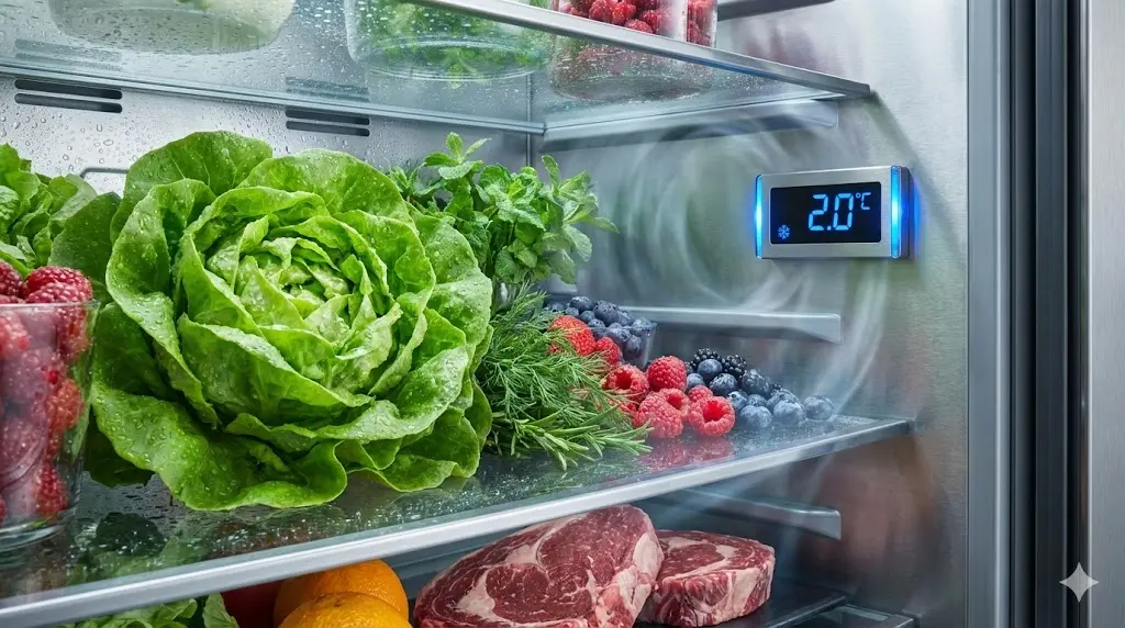 1200테이블냉장고 내부의 신선한 식재료와 정밀 온도 디스플레이